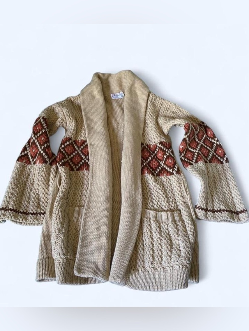 VTG 70s Chunky Shawl Collar Cardigan Geometric Diamond Pattern Orange Cream M